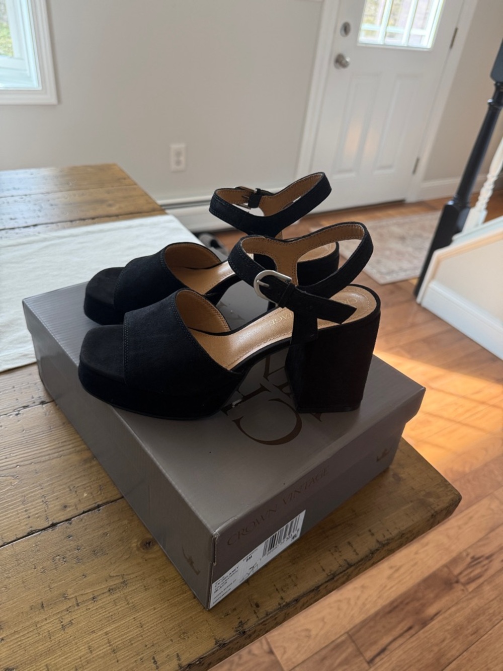 Crown Vintage Black Suede Platform Block Heel Sandals